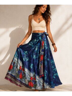 Reversible Sari Silk Magic Wrap Skirt Blue Boho Festival Hippie Maxi India OS